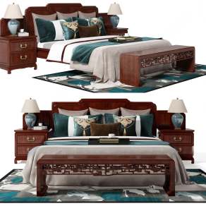 新中式双人床3D模型下载